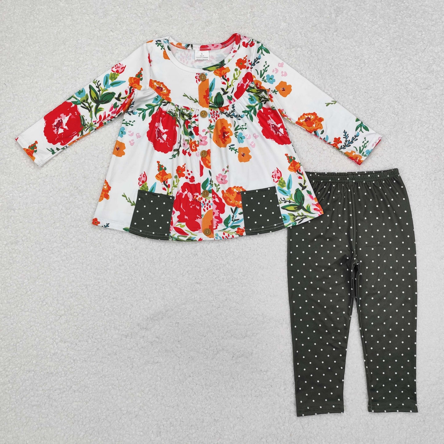 GLP1851 Flower Black Dots Pocket Long Sleeve Pants Girls Set RTS 202509