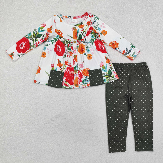 GLP1851 Flower Black Dots Pocket Long Sleeve Pants Girls Set RTS 202509