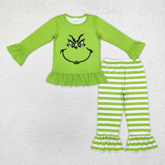 GLP1862 Cartoon Grinch Smiley Green Long Sleeve Stripe Pants Girls Set High Quality Wholesale RTS 202509