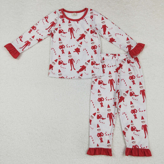 GLP1866 Christmas Bamboo Pajamas Elf Crutch Ruffle Red Long Sleeve Pants Pajama Set New Arrival