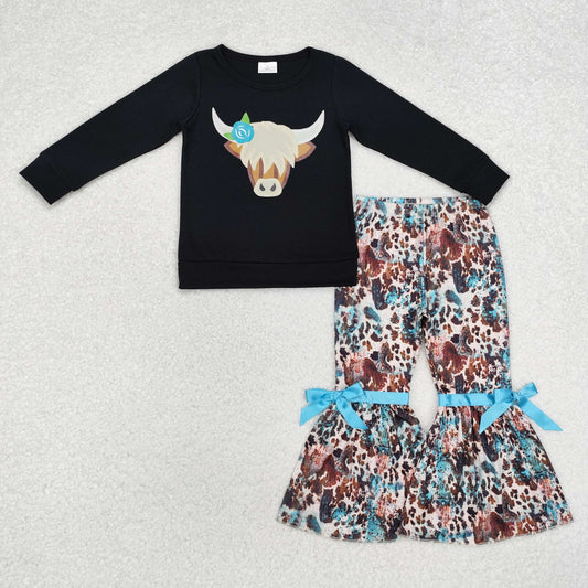 GLP1871 Offset Print Alpine Bull Head Black Long Sleeve Pants Girls Sets RTS 202509