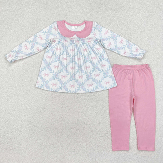 GLP1876 Bow Pattern Flower Leaf Pink Doll Collar Long Sleeve Pants Girls Sets RTS 202509