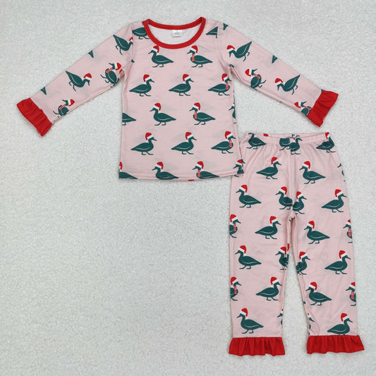 GLP1892 Christmas Bamboo Pajamas Hat Duck Red Ruffle Pink Long Sleeve Pants Girls Pajama Set RTS 202509