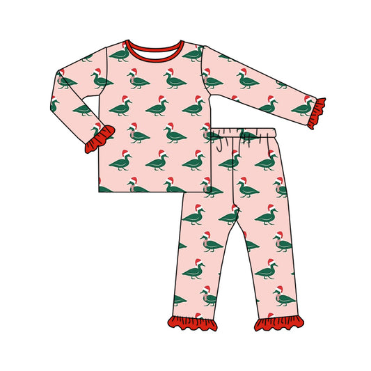 GLP1892 Christmas Bamboo Pajamas Hat Duck Red Ruffle Pink Long Sleeve Pants Girls Pajama Set RTS 202509