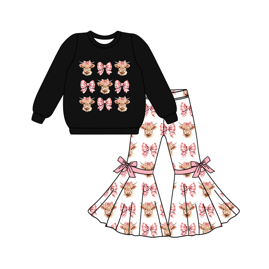 GLP1893 Bow and Bull Head Black Pink Long-Sleeved Bell Bottom Pants Girls Sets RTS 202509