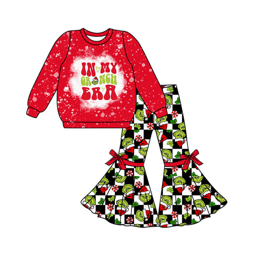 GLP1902 Christmas Grinch Era Red Long-Sleeved Plaid Pants Girls Set RTS 202509