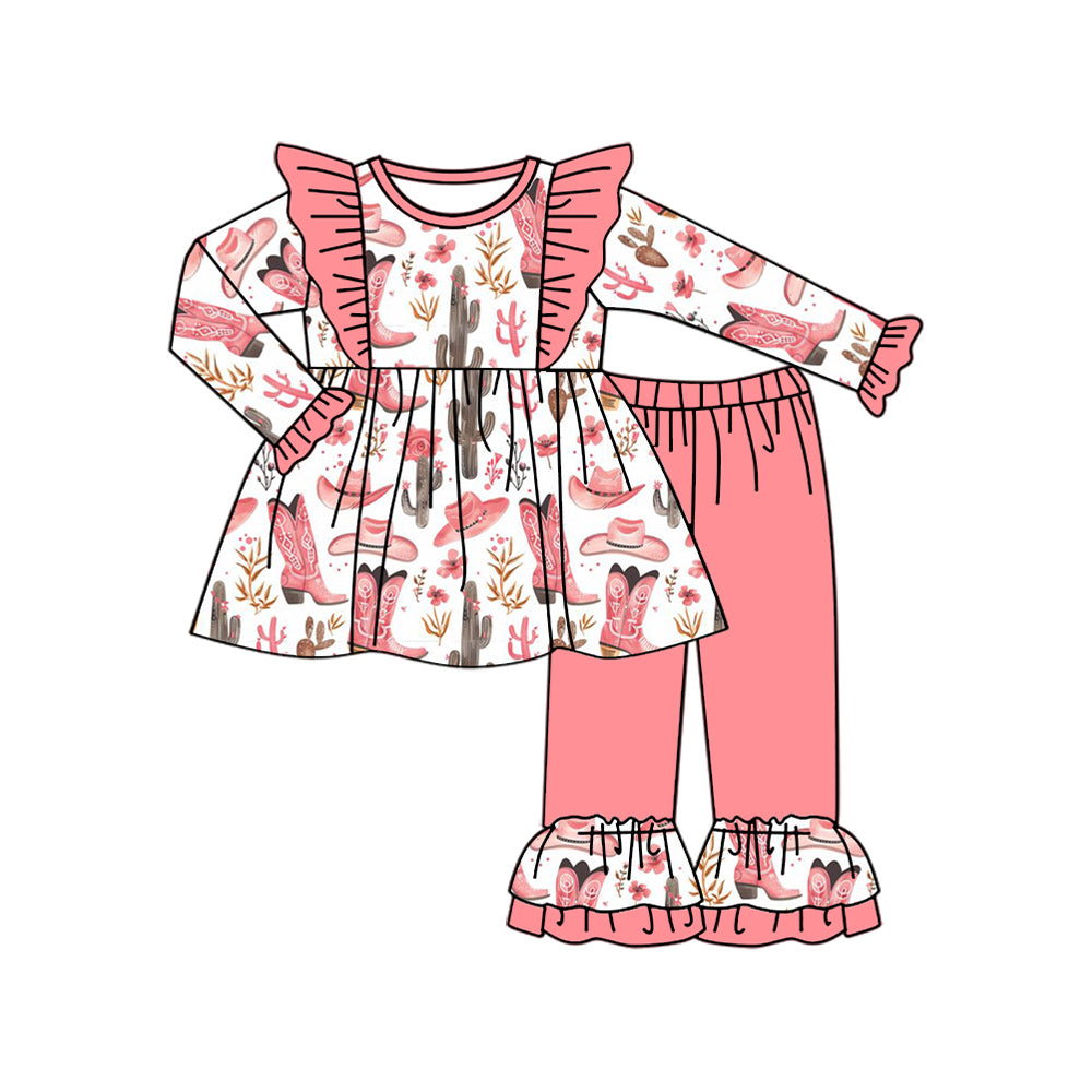 GLP1922 Cowgirl Boots Cactus Pink Ruffle Long-Sleeved Pants Girls Set RTS 202509