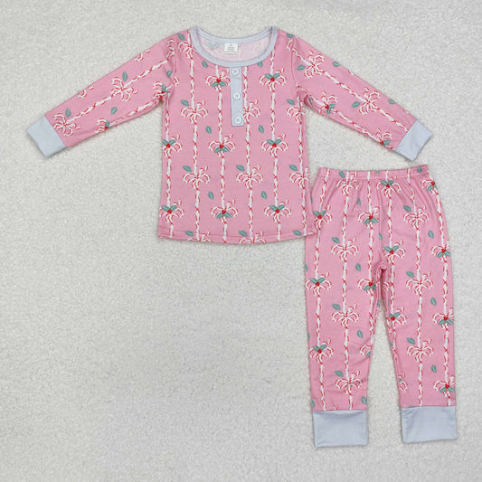 GLP1925 Christmas Bamboo Pajamas Leaf Bow Pattern Pink Long Sleeve Pants Girls Set RTS 202509
