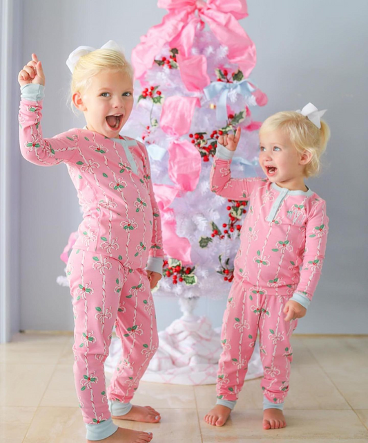 GLP1925 Christmas Bamboo Pajamas Leaf Bow Pattern Pink Long Sleeve Pants Girls Set RTS 202509