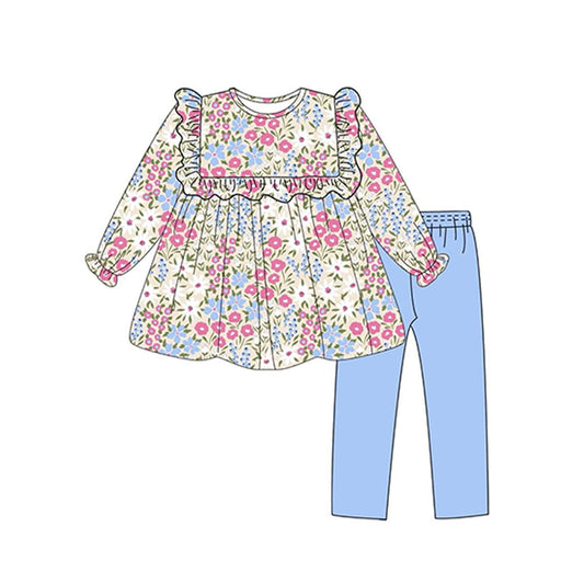 GLP1926 Floral Pink Blue Ruffle Long Sleeve Pant Girls Set RTS 202509