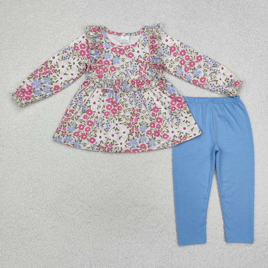 GLP1926 Floral Pink Blue Ruffle Long Sleeve Pant Girls Set RTS 202509