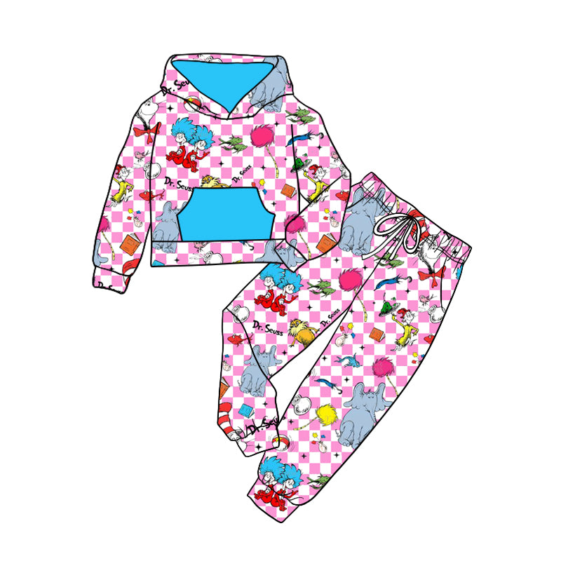 GLP1932 dr seuss blue pocket pink and white plaid hooded long-sleeved pant boys sets RTS 202509