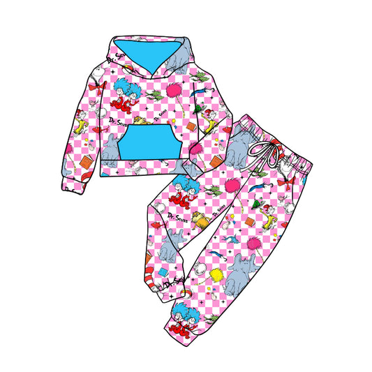 GLP1932 dr seuss blue pocket pink and white plaid hooded long-sleeved pant boys sets RTS 202509