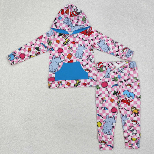 GLP1932 dr seuss blue pocket pink and white plaid hooded long-sleeved pant boys sets RTS 202509