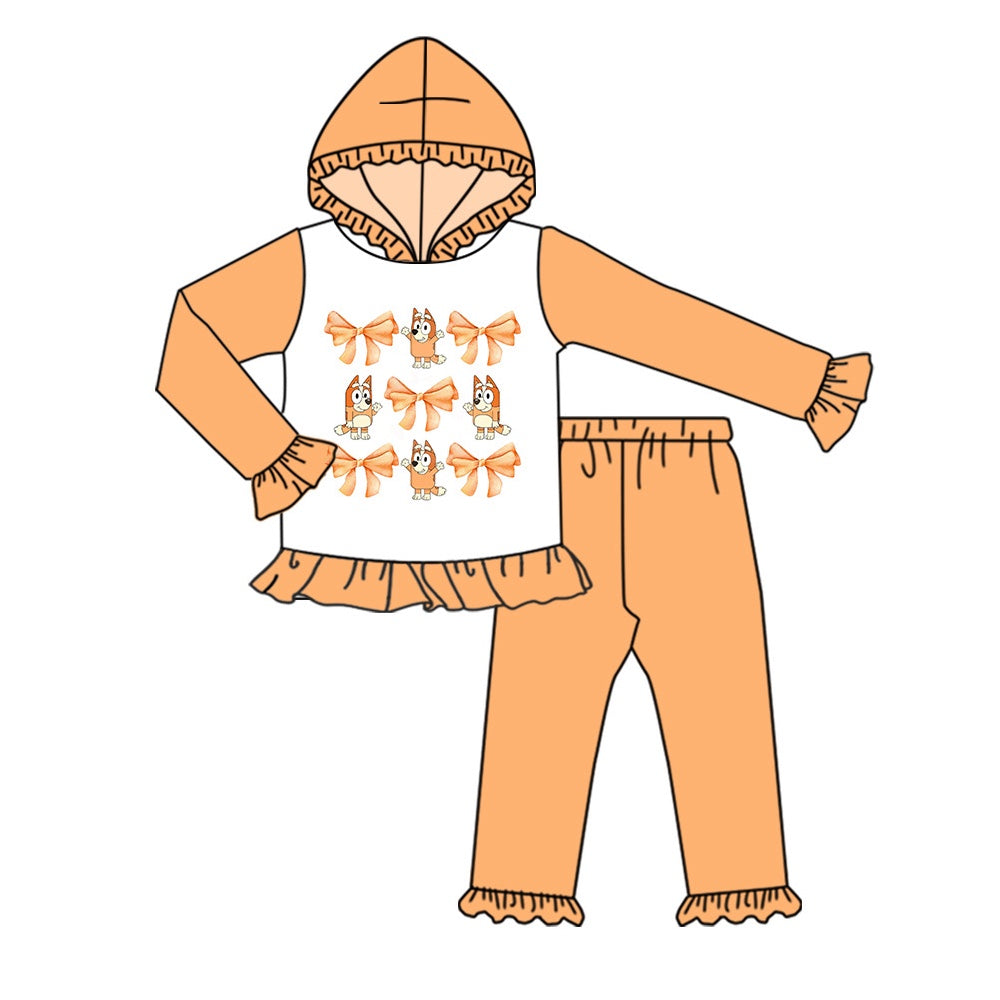 GLP1948 Cartoon Bluey Bows Orange Ruffle Hooded Long Sleeve Pant Girls Sets High Quality RTS 202509