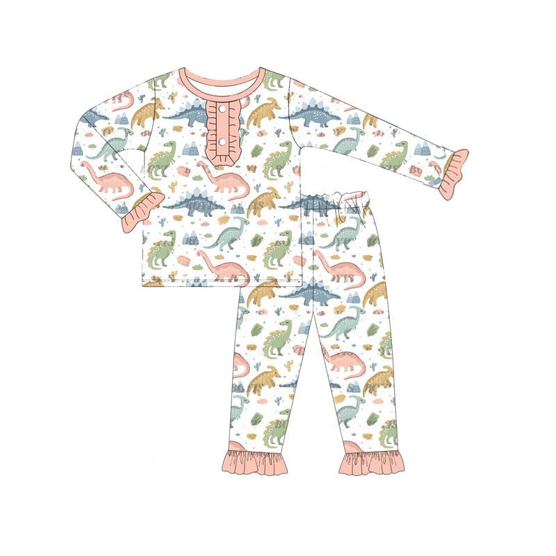 GLP1969 Dinosaur Ruffle Pink White Long Sleeve Pants Pajamas Girls Set RTS 202509