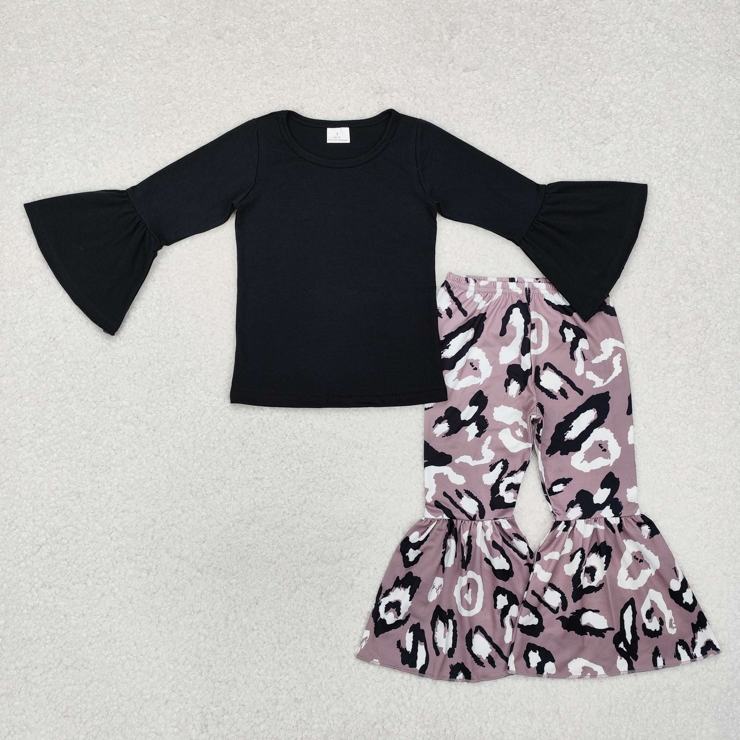 GLP1970 Solid Black Ruffle Long Sleeve Leopard Bell Bottom Pants Girls Sets RTS 202509