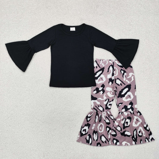 GLP1970 Solid Black Ruffle Long Sleeve Leopard Bell Bottom Pants Girls Sets RTS 202509