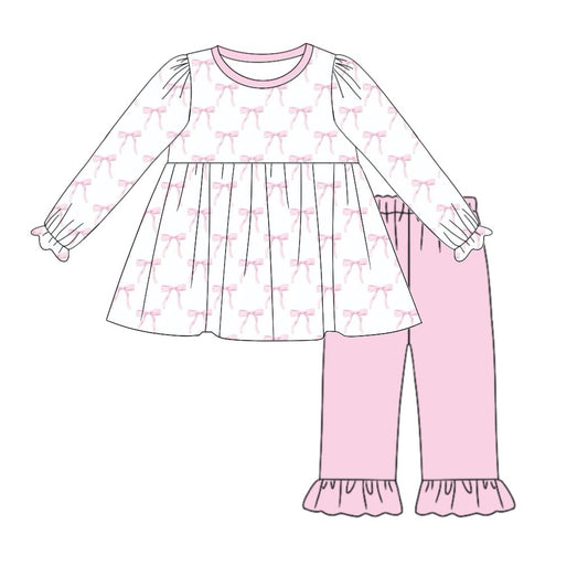GLP1973 Bows Pattern Pink White Long Sleeve Pants Girls Set RTS 202509