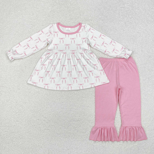 GLP1973 Bows Pattern Pink White Long Sleeve Pants Girls Set RTS 202509
