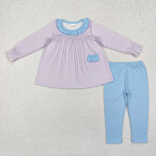 GLP1982 Stripe Pocket Blue Ruffle Long Sleeve Pants Girls Sets RTS 202509