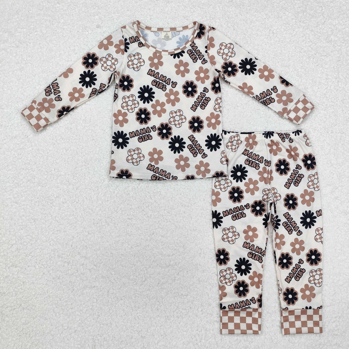 GLP1984 Mama's Girl Flower Beige Brown Plaid Long Sleeve Pants Bamboo Pajama Set RTS 202509