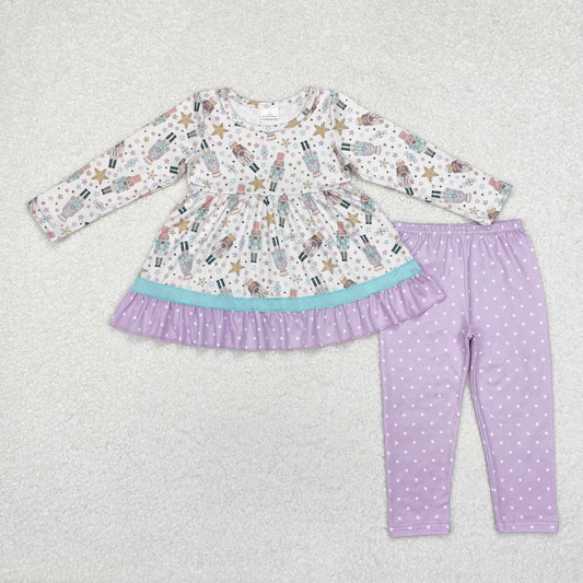 GLP1986 Christmas Nutcracker Purple Ruffle Polka Dot Long Sleeve Pants Girls Sets RTS 202509
