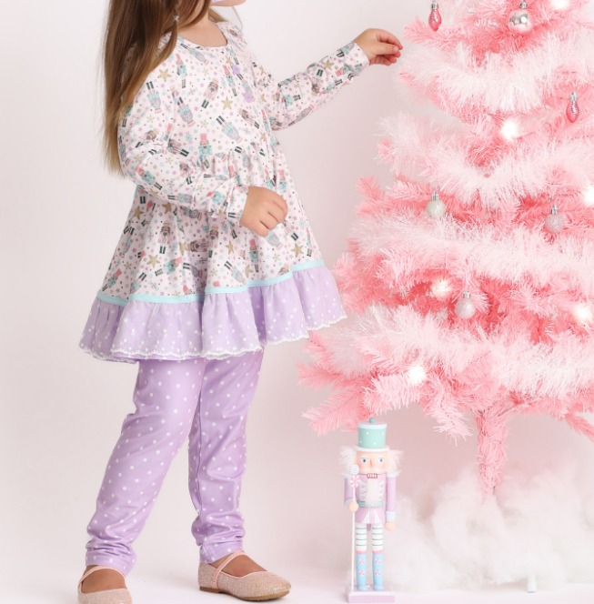 GLP1986 Christmas Nutcracker Purple Ruffle Polka Dot Long Sleeve Pants Girls Sets RTS 202509