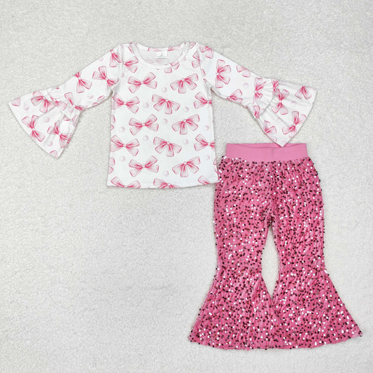 GLP1991 Bows Pattern Long Sleeve Pink Sequined Bell Bottom Pants Girls Set RTS 202509
