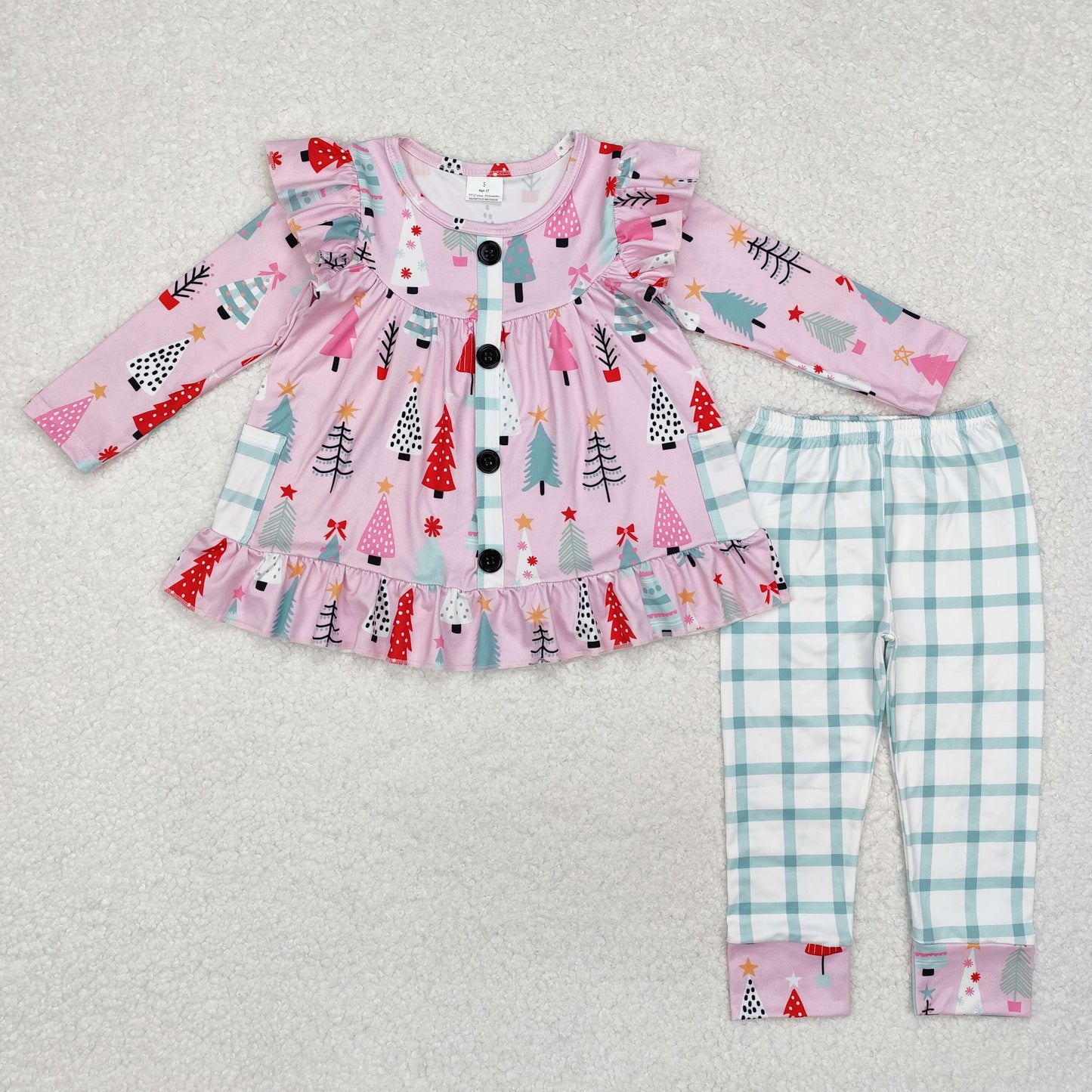 GLP1998 Christmas Tree Pocket Pink Ruffle Long-Sleeved Pant Girls Sets RTS 202509
