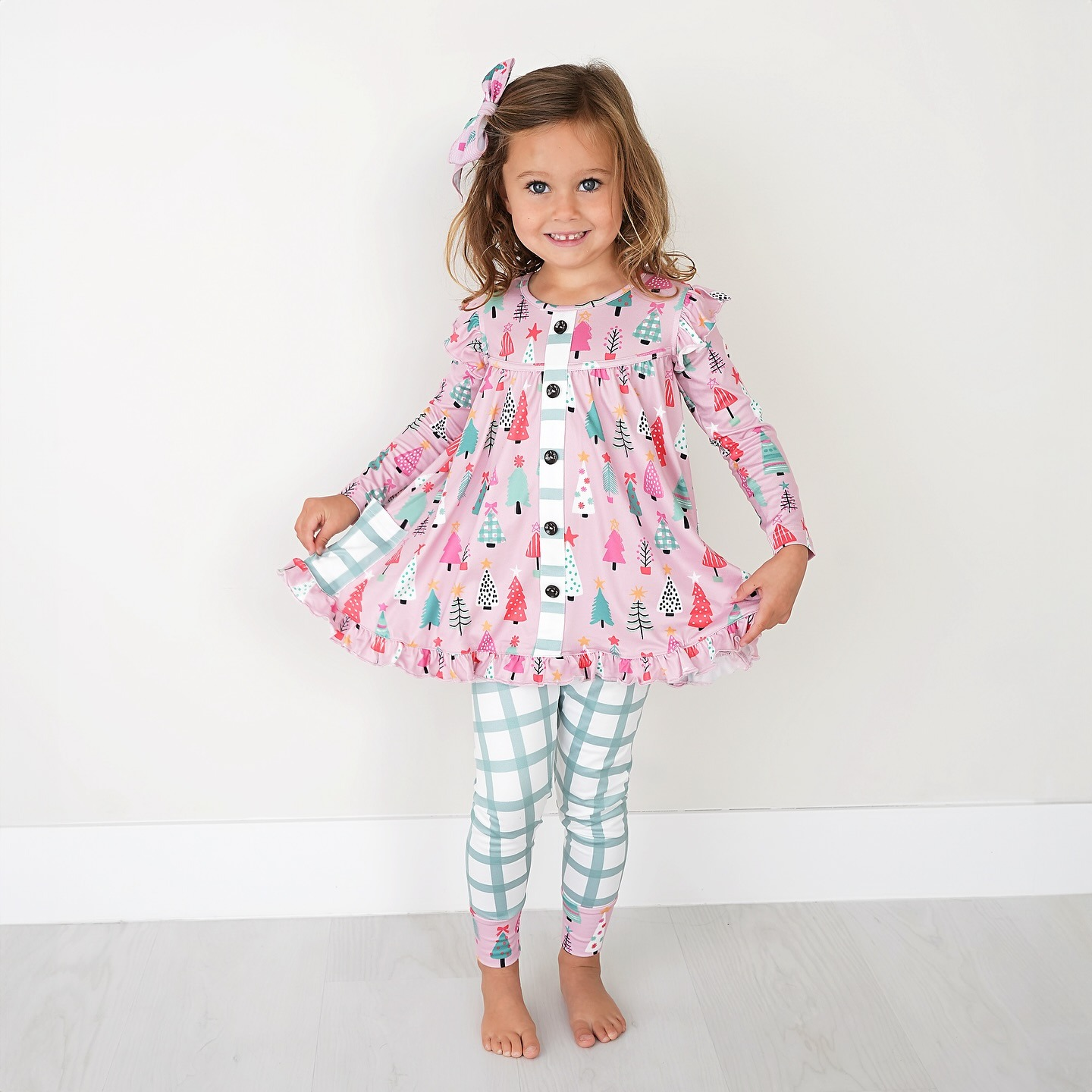 GLP1998 Christmas Tree Pocket Pink Ruffle Long-Sleeved Pant Girls Sets RTS 202509