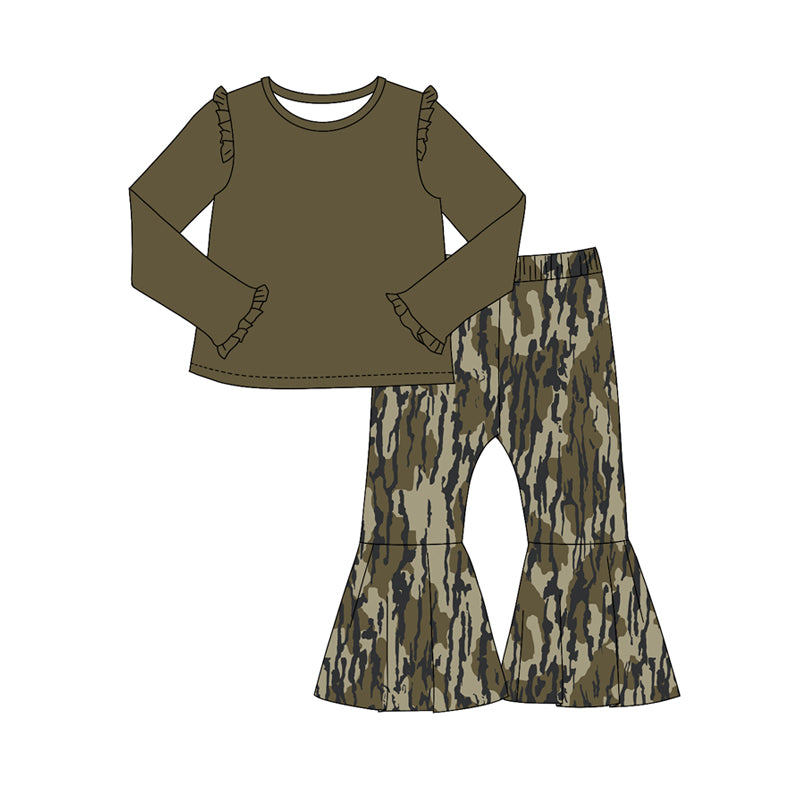 GLP2003 Solid Army Green Ruffle Long-Sleeved Camouflage Bell Bottom Pants Girls Sets RTS 202510