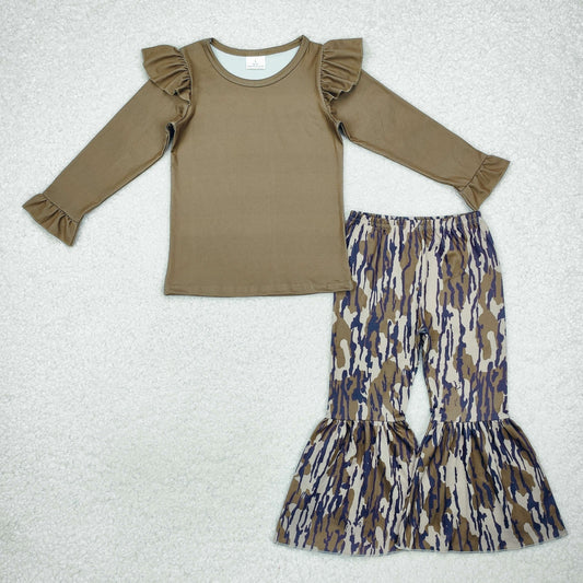 GLP2003 Solid Army Green Ruffle Long-Sleeved Camouflage Bell Bottom Pants Girls Sets RTS 202510