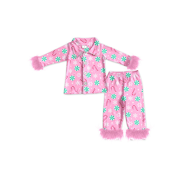 GLP2025 Christmas Snowflake Pink Plush Border Long Sleeve Pants Pajamas Girls Set RTS 202509