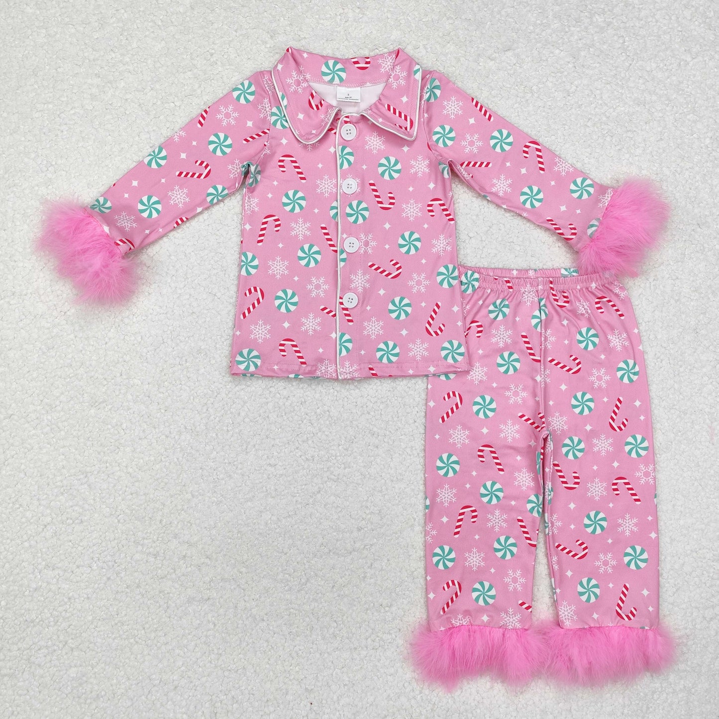 GLP2025 Christmas Snowflake Pink Plush Border Long Sleeve Pants Pajamas Girls Set RTS 202509