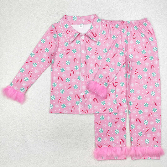 GLP2028 Adult Female Crutch Snowflake Pink Plush Border Long Sleeve Pants Pajamas Set RTS 202510