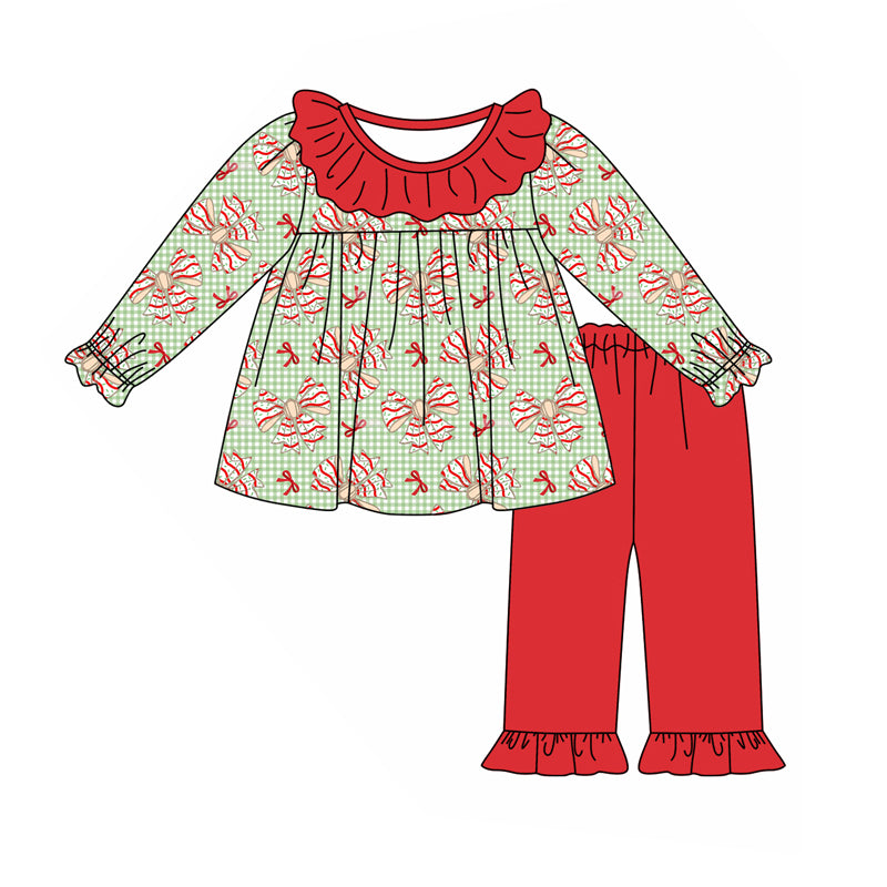 GLP2051 Christmas Bow Red Ruffle Green Plaid Long Sleeve Pants Girls Sets RTS 202509