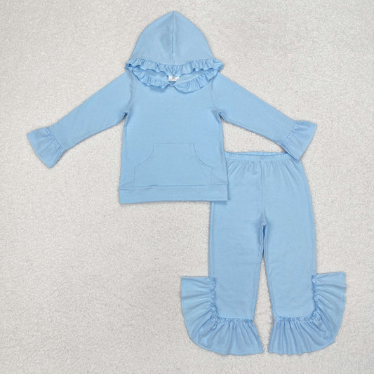 GLP2058 Sky Blue Hoodie Ruffle Long Sleeve Top Pants Girls Sets RTS 202509