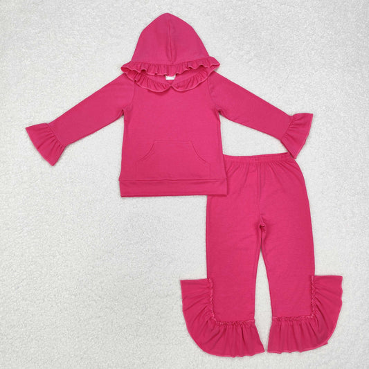 GLP2061 Sibling Rose Red Ruffle Hooded Zipper Long Sleeve Bell Bottom Pants Girls Sets RTS 202509