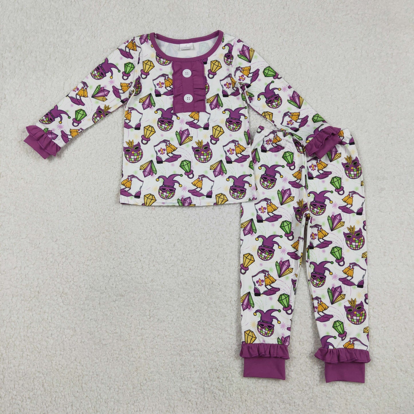 GLP2113 Mardi Gras Light Ball Mask Boots Ruffle Purple White Long Sleeve Pants Boys Pajama Set 202601 RTS