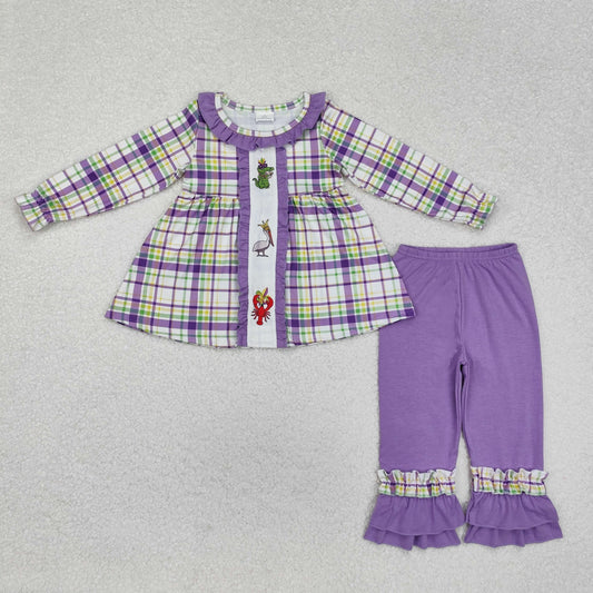 GLP2114 Mardi Gras  clothing Purple check long sleeve top double ruffle pants Girls Boutique outfits 202501