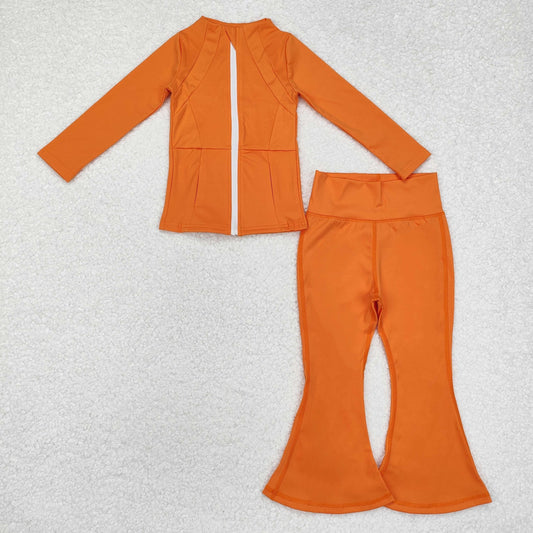 GLP2117 Orange Zipper Long Sleeves with Bell Bottom Girls Yoga Sets RTS 202509