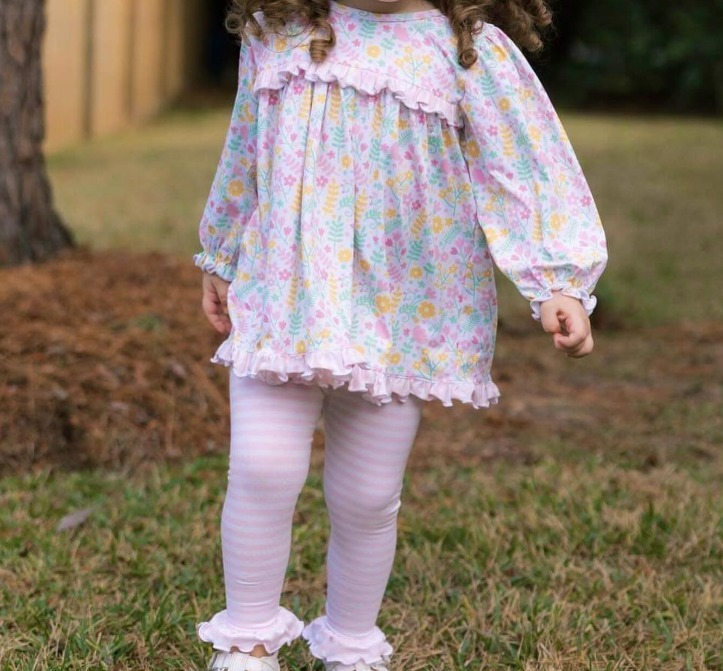 GLP2119 Floral Leaf Pink Stripe Ruffle Long-Sleeved Pants Girls Sets RTS 202510