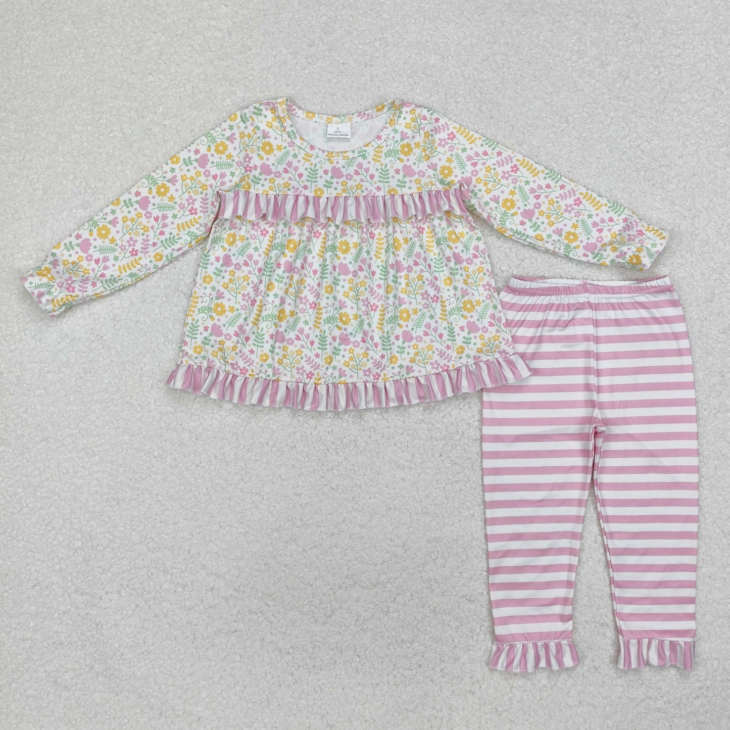 GLP2119 Floral Leaf Pink Stripe Ruffle Long-Sleeved Pants Girls Sets RTS 202510