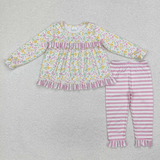 GLP2119 Floral Leaf Pink Stripe Ruffle Long-Sleeved Pants Girls Sets RTS 202510