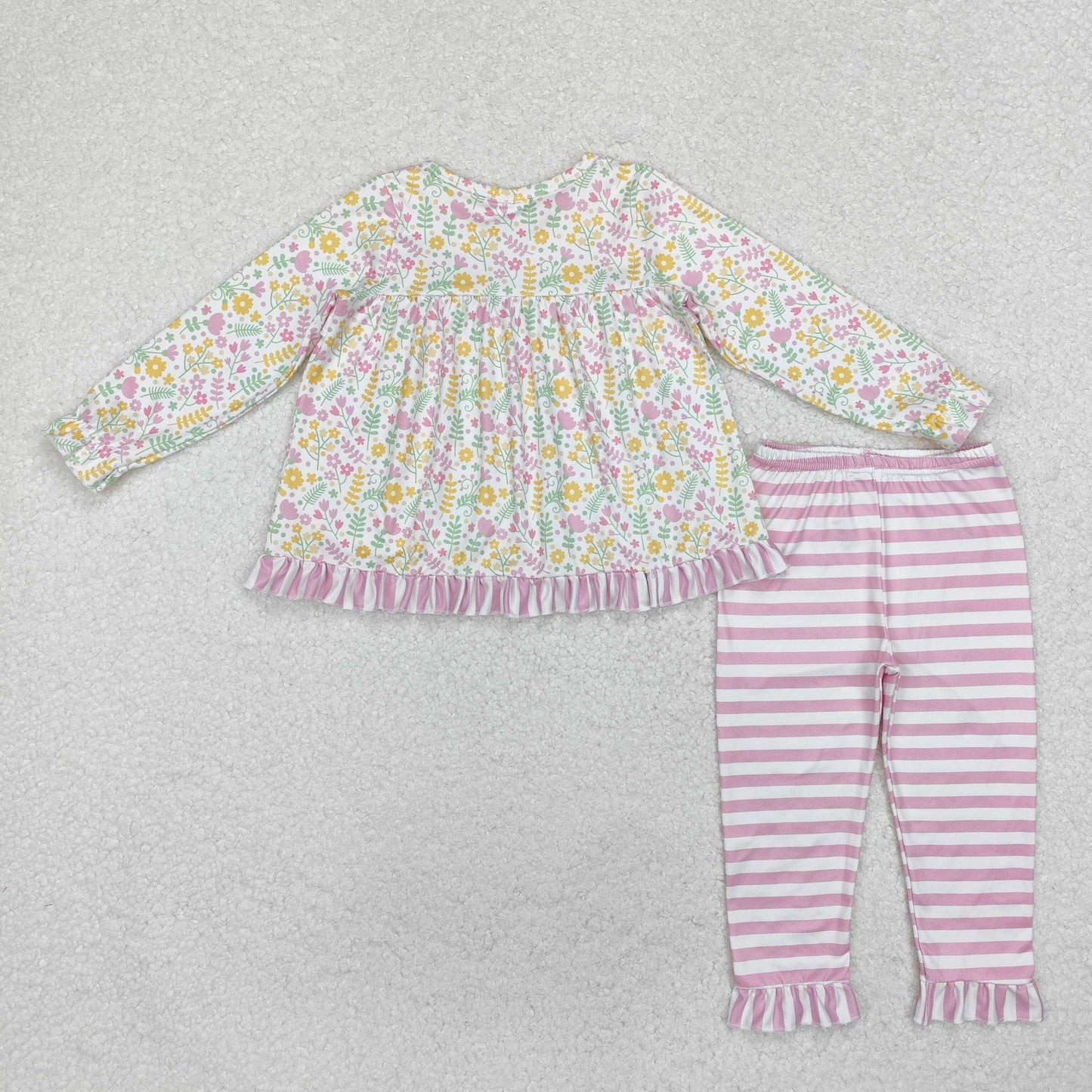 GLP2119 Floral Leaf Pink Stripe Ruffle Long-Sleeved Pants Girls Sets RTS 202510