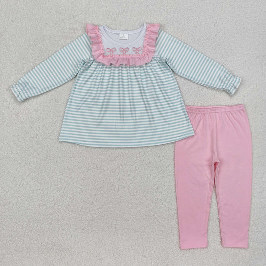 GLP2135 Embroidered bows Mint Green striped Pink ruffle top pants sets outfit valentines boutique outfit RTS 202412
