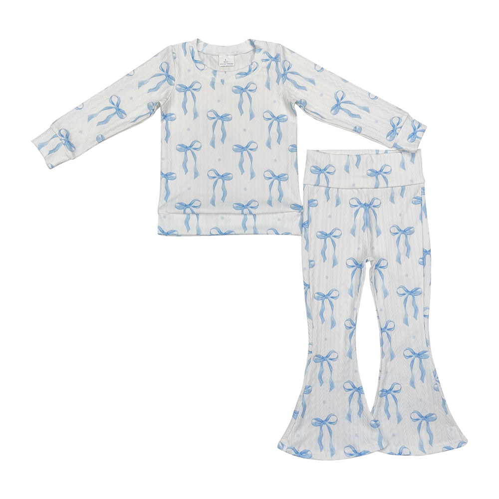 GLP2143 girls clothing outfits white blue bowscotton cable knit preorder