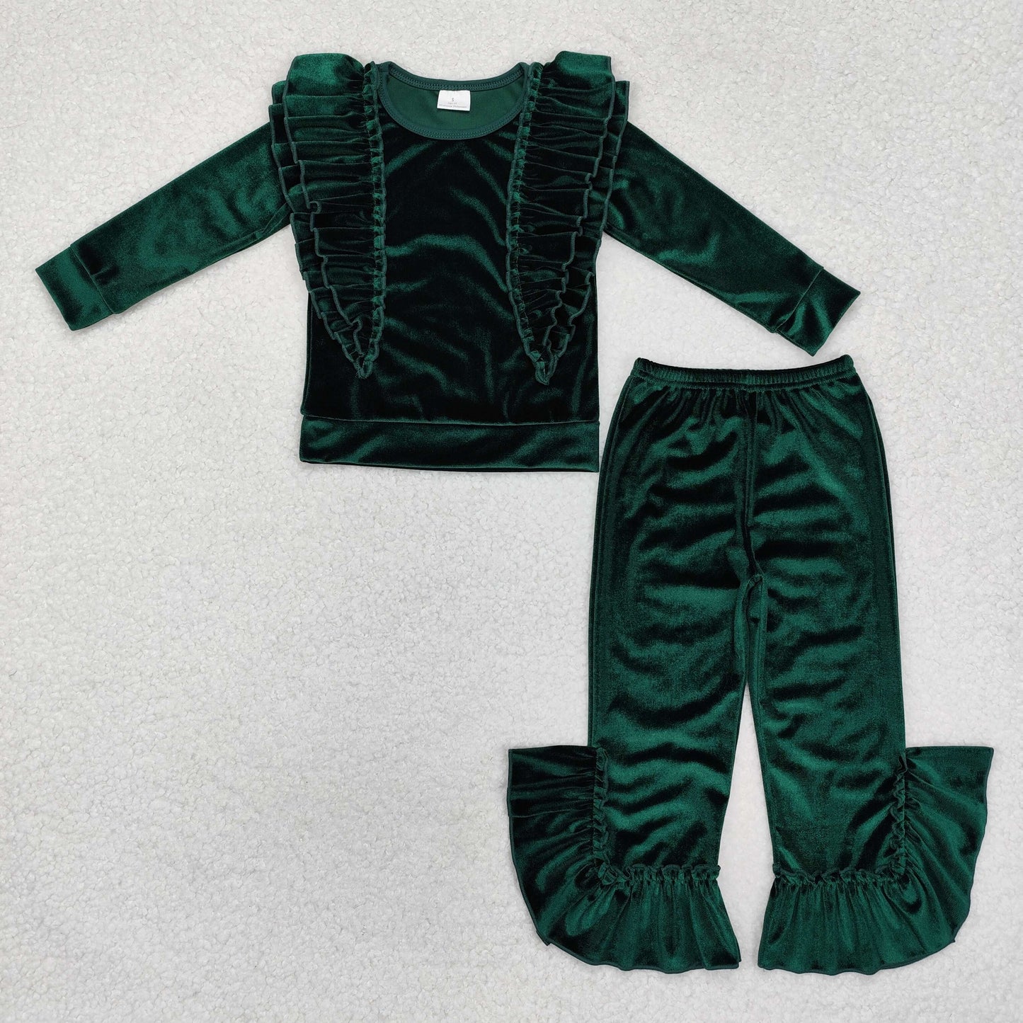 GLP2165 RTS Velvet green lace long-sleeved pantsuit girls winter clothes