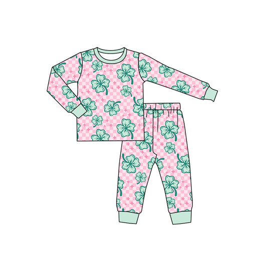 Preorder GLP2192 St. Patrick's Day Four-leaf clover pink plaid green border long sleeve pants pajamas set